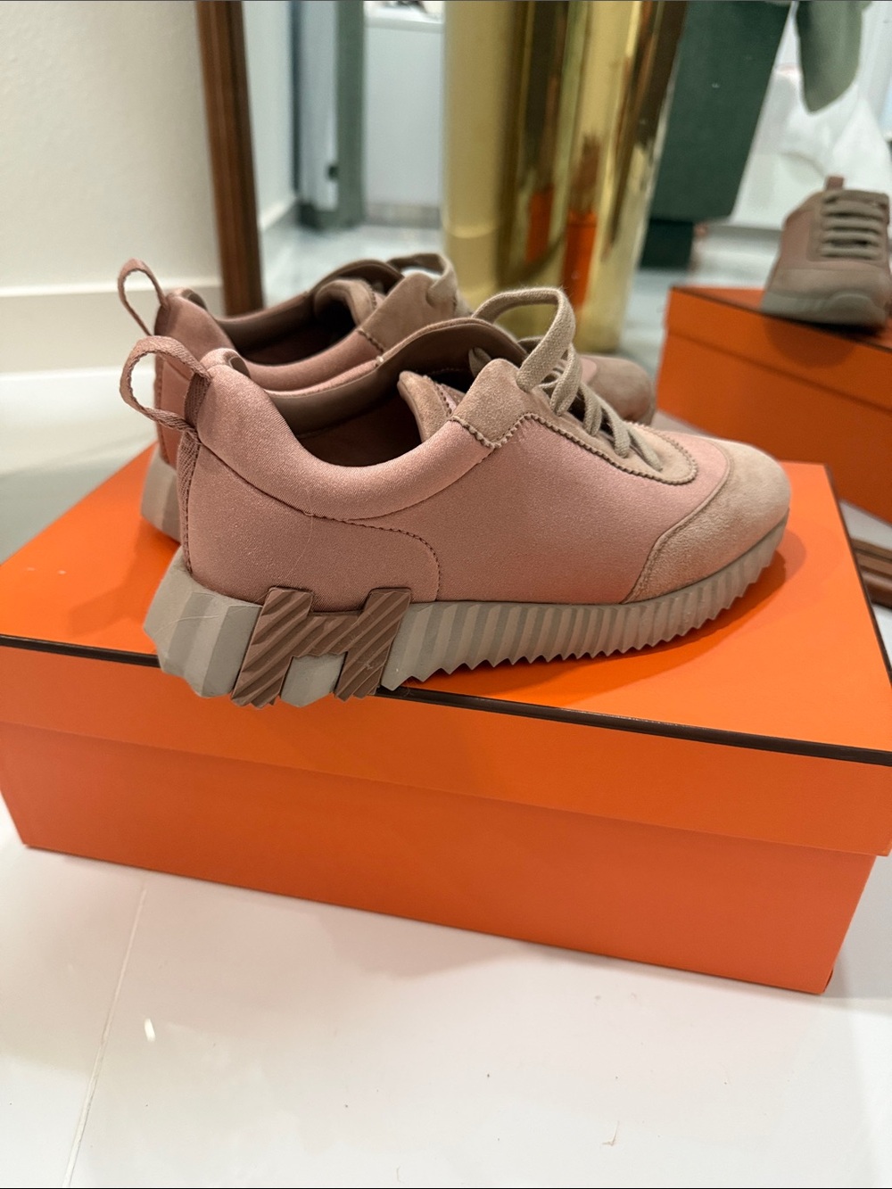 Hermes Blush Pink Suede & Fabric Low-Top Sneakers